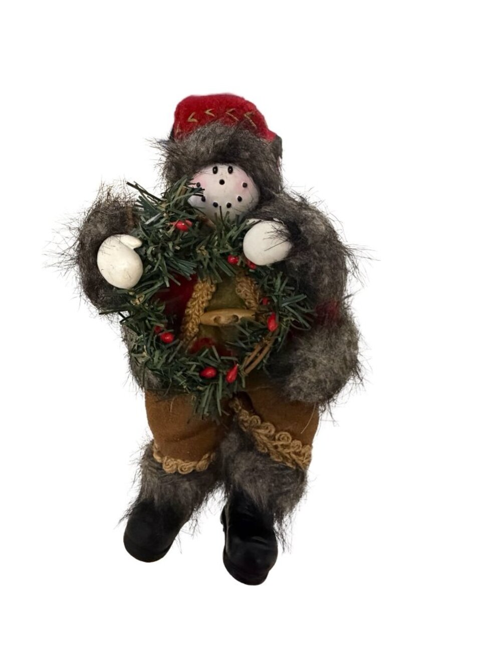 Vintage Rustic Woodland Snowman Shelf Sitter Holding Christmas Wreath 9" Holiday